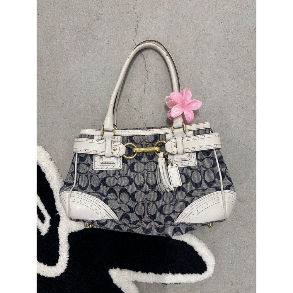 Coach Signature Hampton Satchel Navy White Canvas Leather Bag 10507